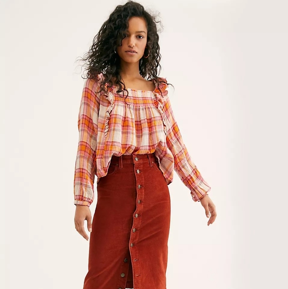 Free People: Siena Orange Plaid Ruffled Pullover